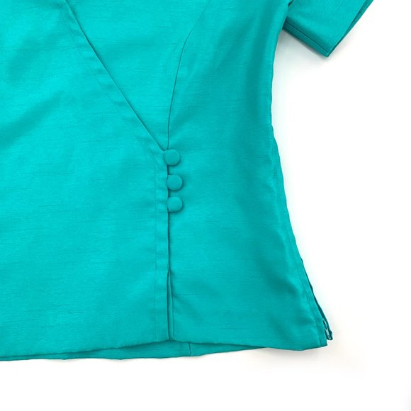 Sag Harbor Beautiful Shiny‎ Green Blouse 6 Petite Shoulder Pads Uniform Collared - Picture 2 of 9